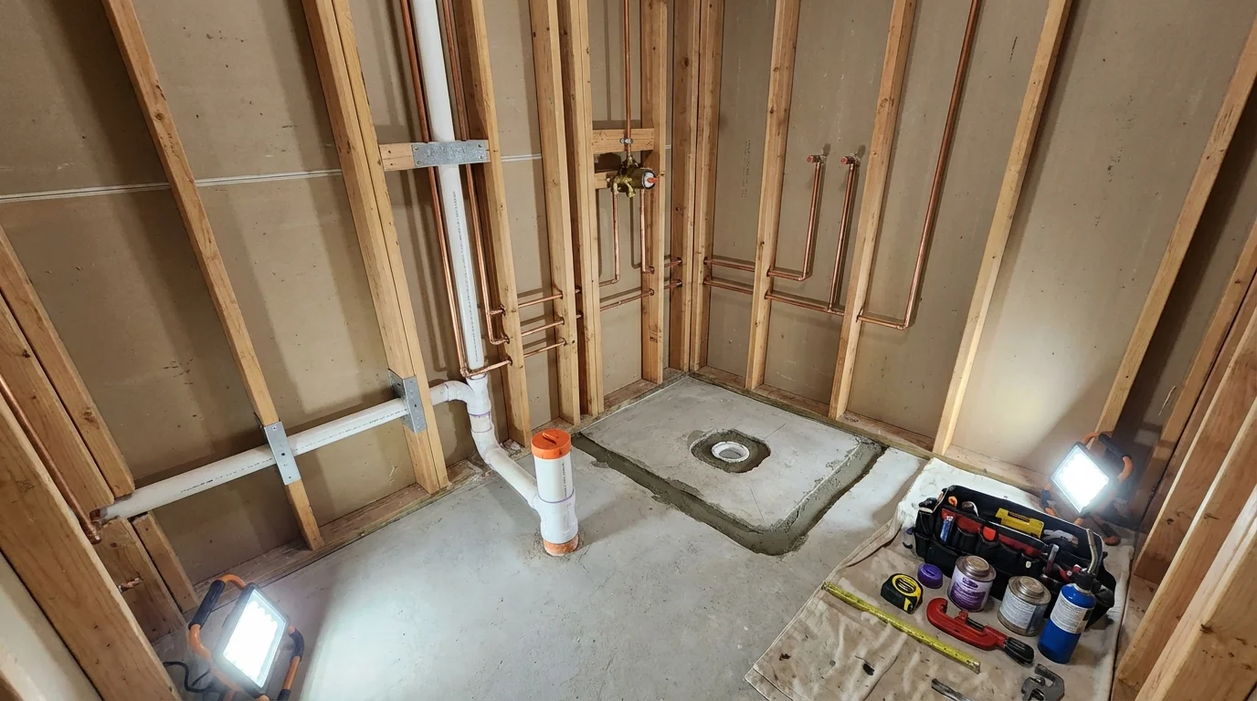 Bathroom rough-in plumbing during remodel by Johns Plumbing LLC in Stone Ridge