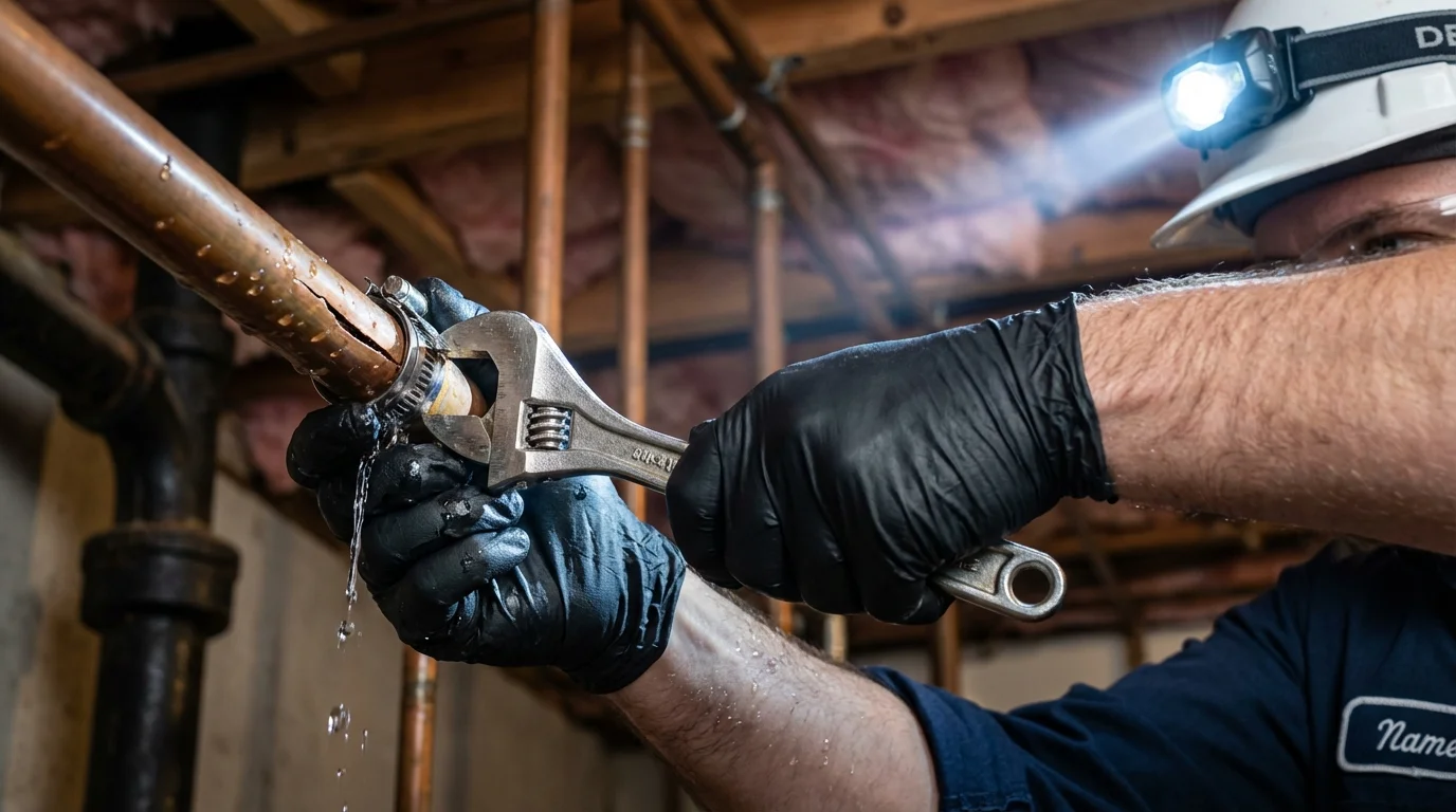Emergency pipe clamp repair being performed by a Johns Plumbing LLC plumber in Stone Ridge