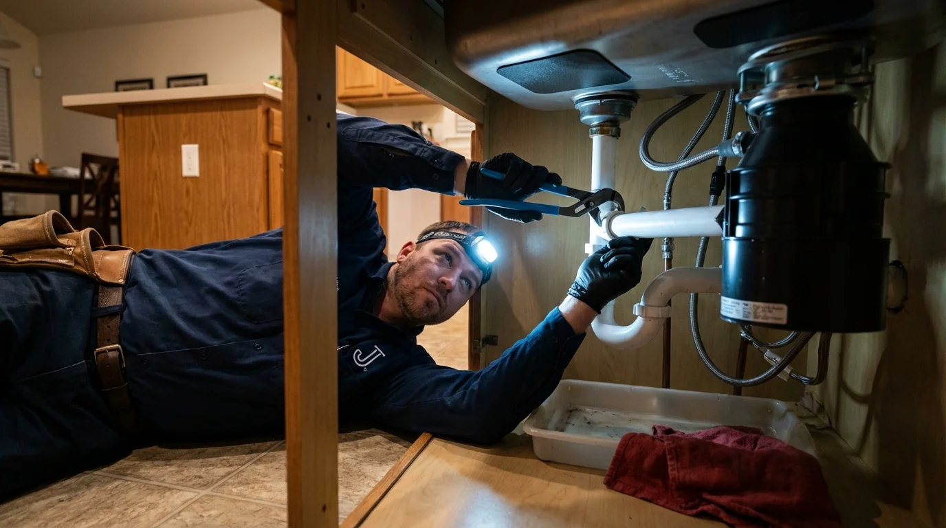 P-trap and supply line connections under a kitchen sink showing a common leak point in Stone Ridge, NY